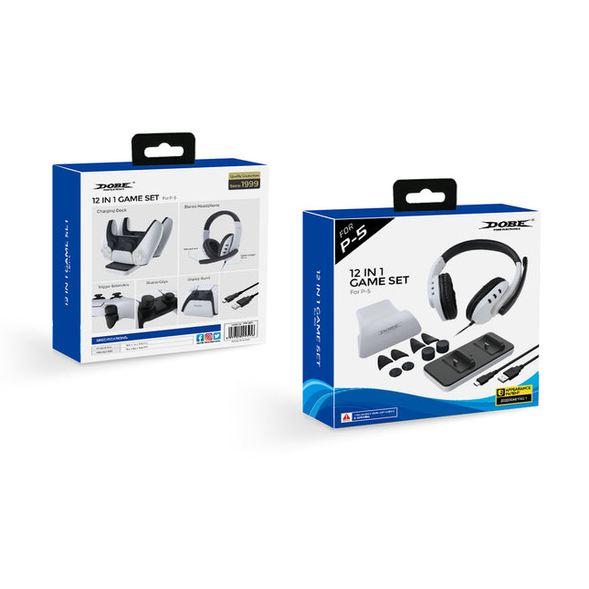 Dobe, TP5-0578B, PlayStation 5, 12 in 1 Game Set, Headphones, Stand, Cable, Charge Base, Extenders & Grips