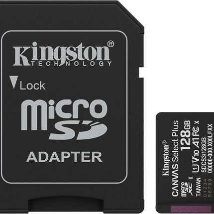 Kingston Canvas Select Plus microSD Memory Card 128GB microSDXC Gen3 150MB/s A1 Card + Adapter - SDCS3/128GB