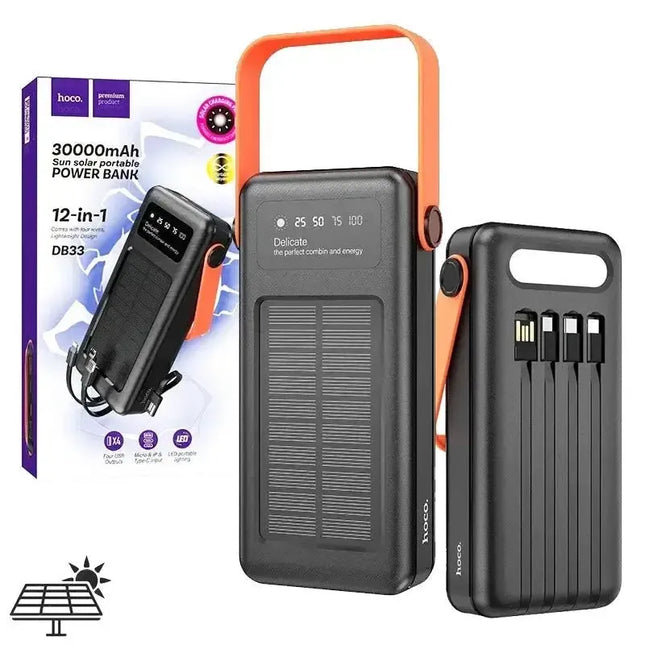 Hoco DB33 Plus Rising Solar Powered Built In Cable LED Flash Light Power Bank 30000mAh