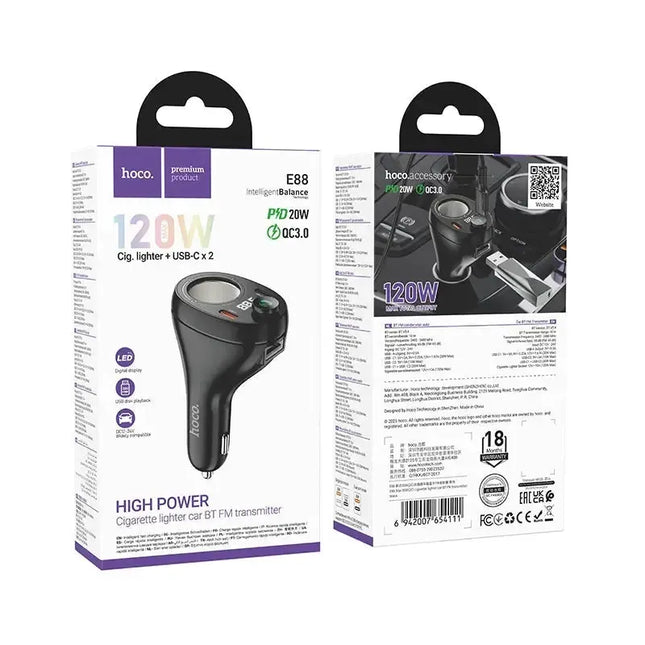 Hoco E88 35W 2 Type-C Cigarette Lighter Port Car BT FM Transmitter